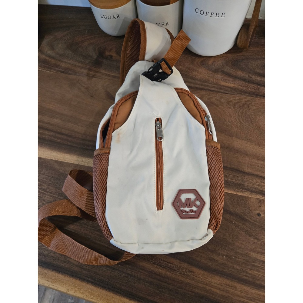 ManKoo Mens White Brown Canvas Mesh Sling Crossbody Bag MK Logo Streetwear